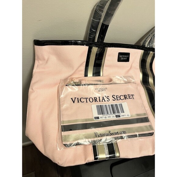 VICTORIA SECRET TOTE BAG SIGNATURE STRIPES PINK/BLACK With Wristlet NEW - Picture 9 of 11